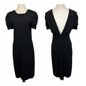 Allan Waller Black Sheath Dress | Deep V Back Architectural Shoulders |  Size 4